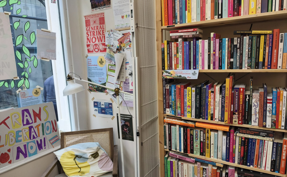 Corner of bookshop also showing a chair and books