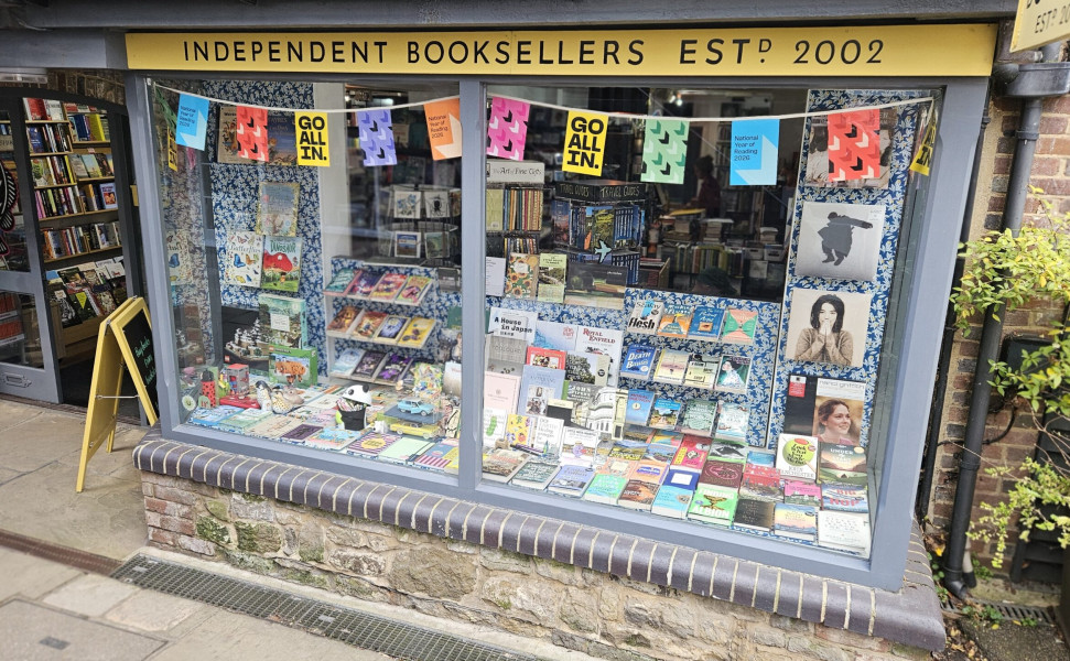 Petworth Bookshop front window with bunting and books on display
