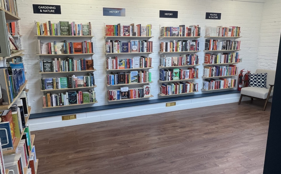 Books on open wall shelving