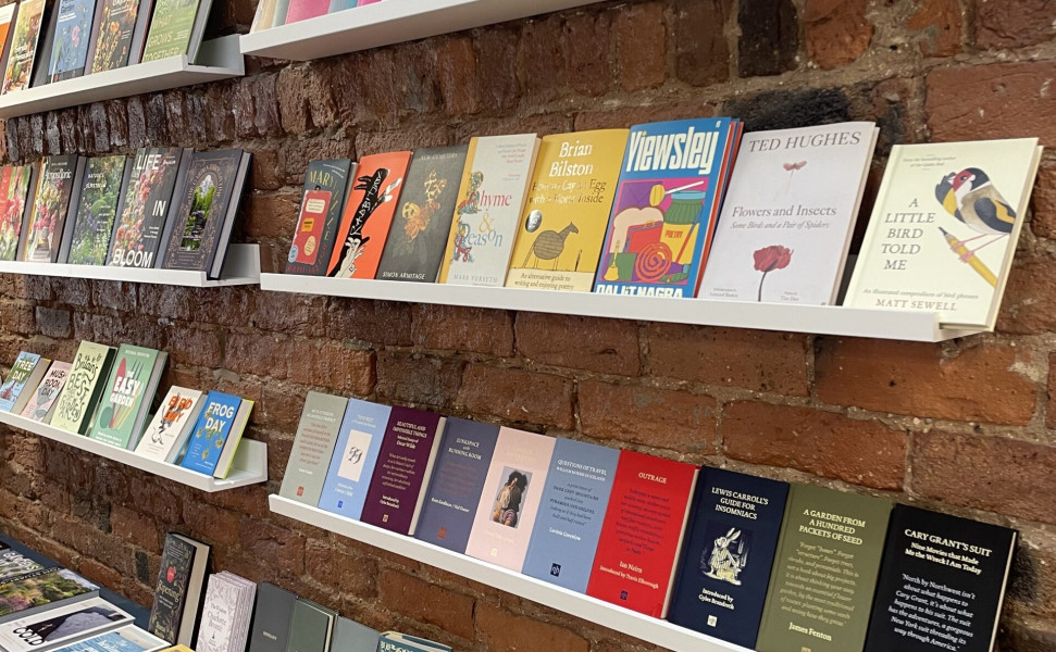 Books on shelves along wall and on display